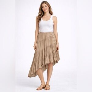 Chico’s Size 1 ( M) Pleated Maxi Skirt Beige Champagne Crinkle Boho Resort Style